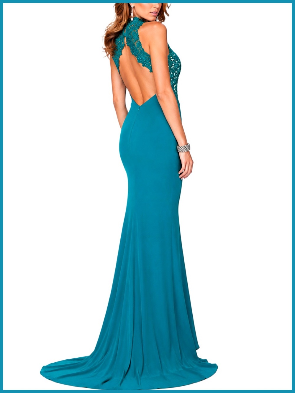 La Femme Teal Open Back Lace Embellished Gown | Dress